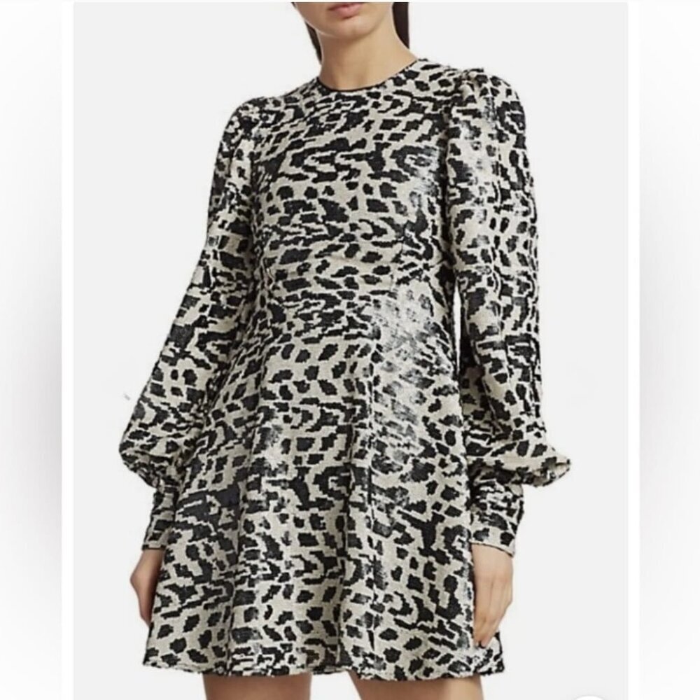 Rotate Birger Christensen Alison Sequin Leopard Puff Sleeve Mini Dress Size 4